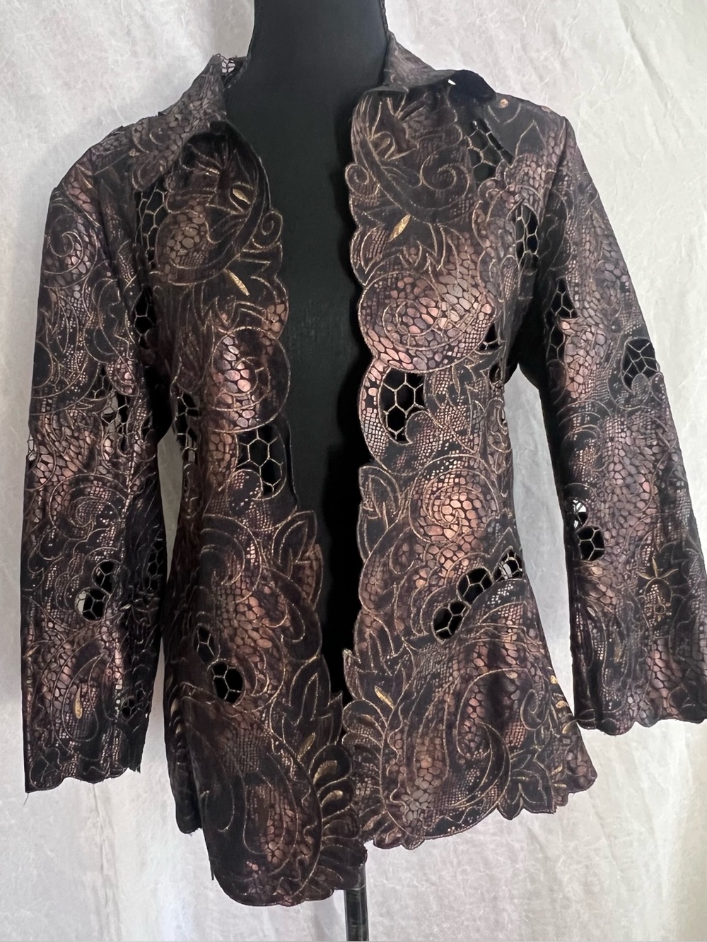 Chico's Black & brown Lace Jacket with Bronze Metallic Accents very unique